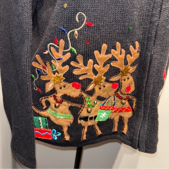 VTG TIARA INTERNATIONAL BlackCardigan  Reindeer Embroidery Full Zip Women’s SzXL - Picture 2 of 14